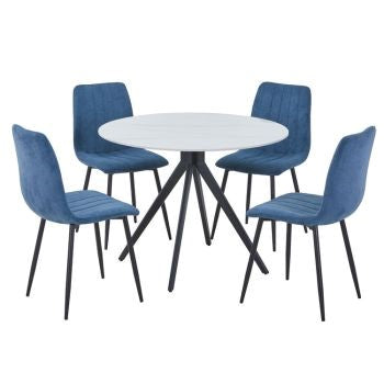 Aspen - Gloss White Sintered Stone Round Table & 4 Straight Stitch Blue Cord Chairs (Self Assembly) (DHD) Image 1