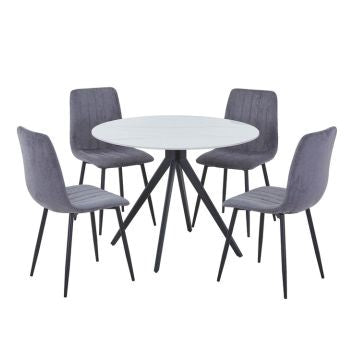 Aspen - Gloss White Sintered Stone Round Table & 4 Straight Stitch Grey Chairs (Self Assembly) (DHD) Image 1