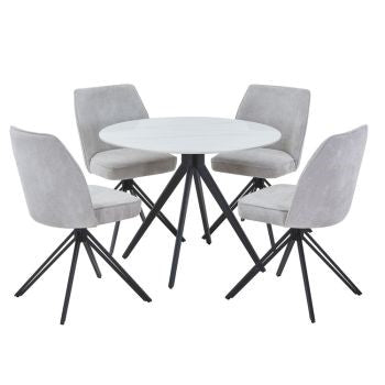 Aspen - Gloss White Sintered Stone Round Table & 4 Swivel Light Grey Cord Fabric Chairs (Self Assembly) (DHD) Image 1