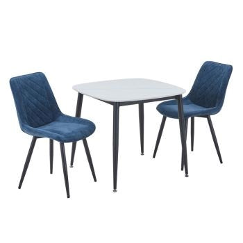 Aspen - Gloss White Sintered Stone Square Table & 2 Diamond Stitch Blue Cord Fabric Chairs (Self Assembly) (DHD) Image 1