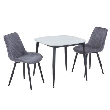 Aspen - Gloss White Sintered Stone Square Table & 2 Diamond Stitch Grey Fabric Chairs (Self Assembly) (DHD) Image 1