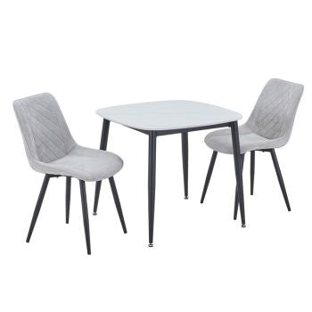 Aspen - Gloss White Sintered Stone Square Table & 2 Diamond Stitch Light Grey Cord Fabric Chairs (Self Assembly) (DHD) Image 1