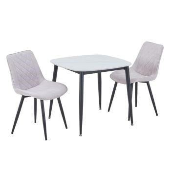 Aspen - Gloss White Sintered Stone Square Table & 2 Diamond Stitch Natural Fabric Chairs (Self Assembly) (DHD) Image 1