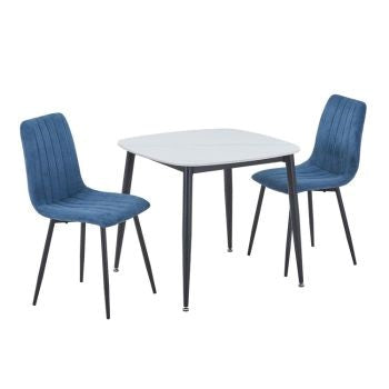 Aspen - Gloss White Sintered Stone Square Table & 2 Straight Stitch Blue Cord Chairs (Self Assembly) (DHD) Image 1