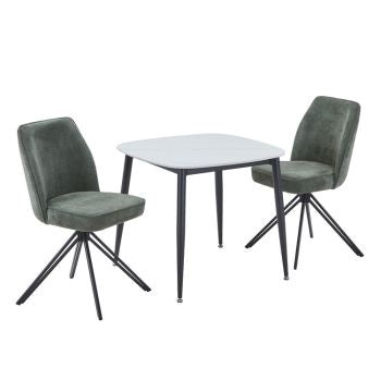Aspen - Gloss White Sintered Stone Square Table & 2 Swivel Green Cord Fabric Chairs (Self Assembly) (DHD) Image 1