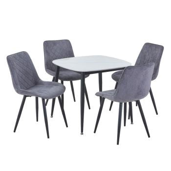 Aspen - Gloss White Sintered Stone Square Table & 4 Diamond Stitch Grey Fabric Chairs (Self Assembly) (DHD) Image 1