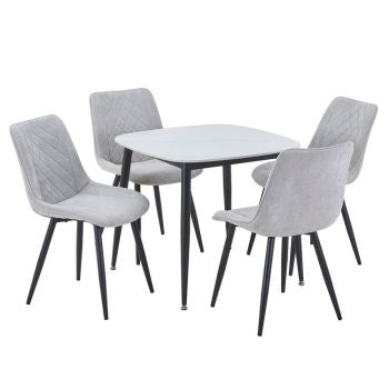 Aspen - Gloss White Sintered Stone Square Table & 4 Diamond Stitch Light Grey Cord Fabric Chairs (Self Assembly) (DHD) Image 1