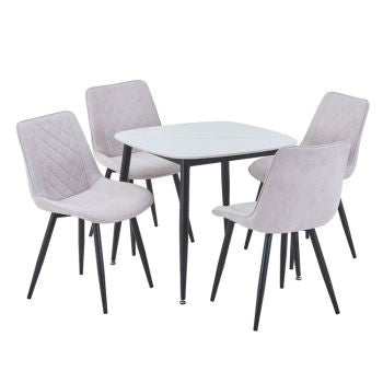 Aspen - Gloss White Sintered Stone Square Table & 4 Diamond Stitch Natural Fabric Chairs (Self Assembly) (DHD) Image 1