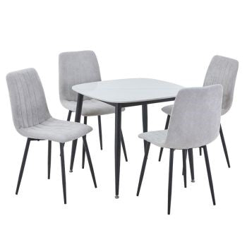 Aspen - Gloss White Sintered Stone Square Table & 4 Straight Stitch Light Grey Cord Chairs (Self Assembly) (DHD) Image 1