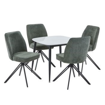 Aspen - Gloss White Sintered Stone Square Table & 4 Swivel Green Cord Fabric Chairs (Self Assembly) (DHD) Image 1