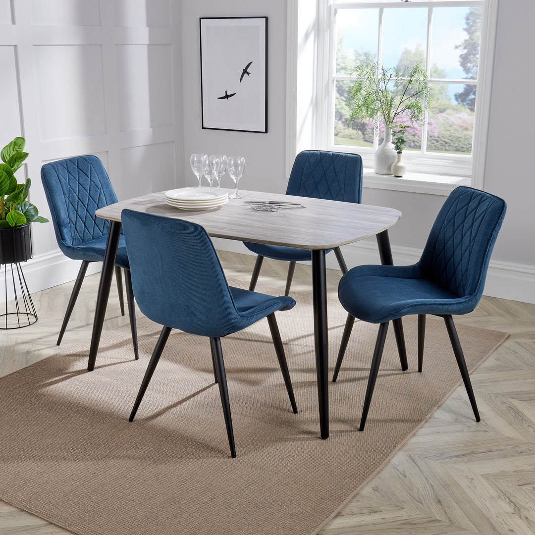 Aspen - Grey Oak Rectangular Table & 4 Diamond Stitch Blue Cord Fabric Chairs (Self Assembly) (DHD) Image 1