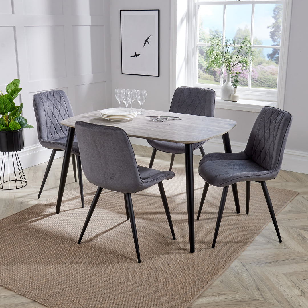 Aspen - Grey Oak Rectangular Table & 4 Diamond Stitch Grey Fabric Chairs (Self Assembly) (DHD) Image 1