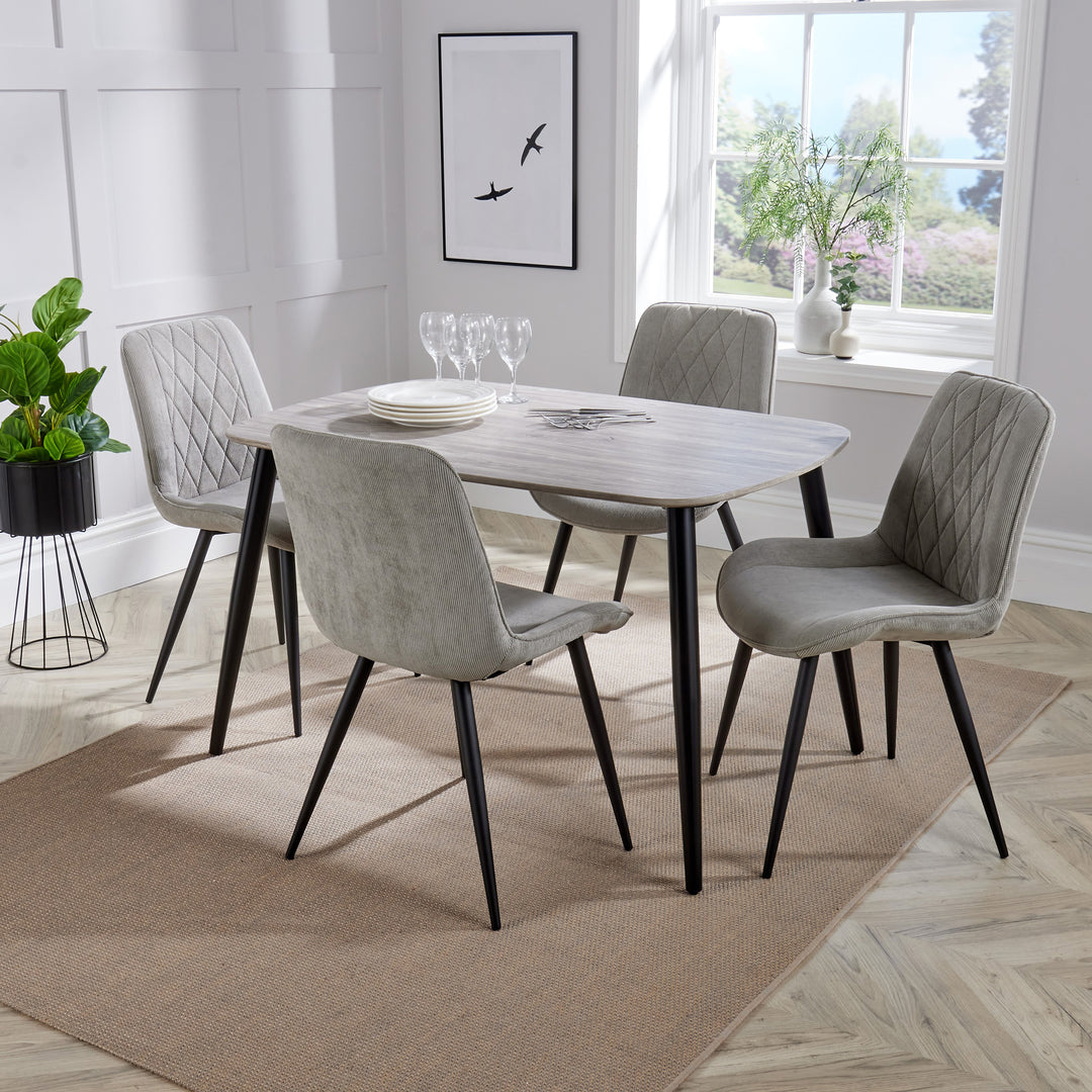 Aspen - Grey Oak Rectangular Table & 4 Diamond Stitch Light Grey Cord Fabric Chairs (Self Assembly) (DHD) Image 1