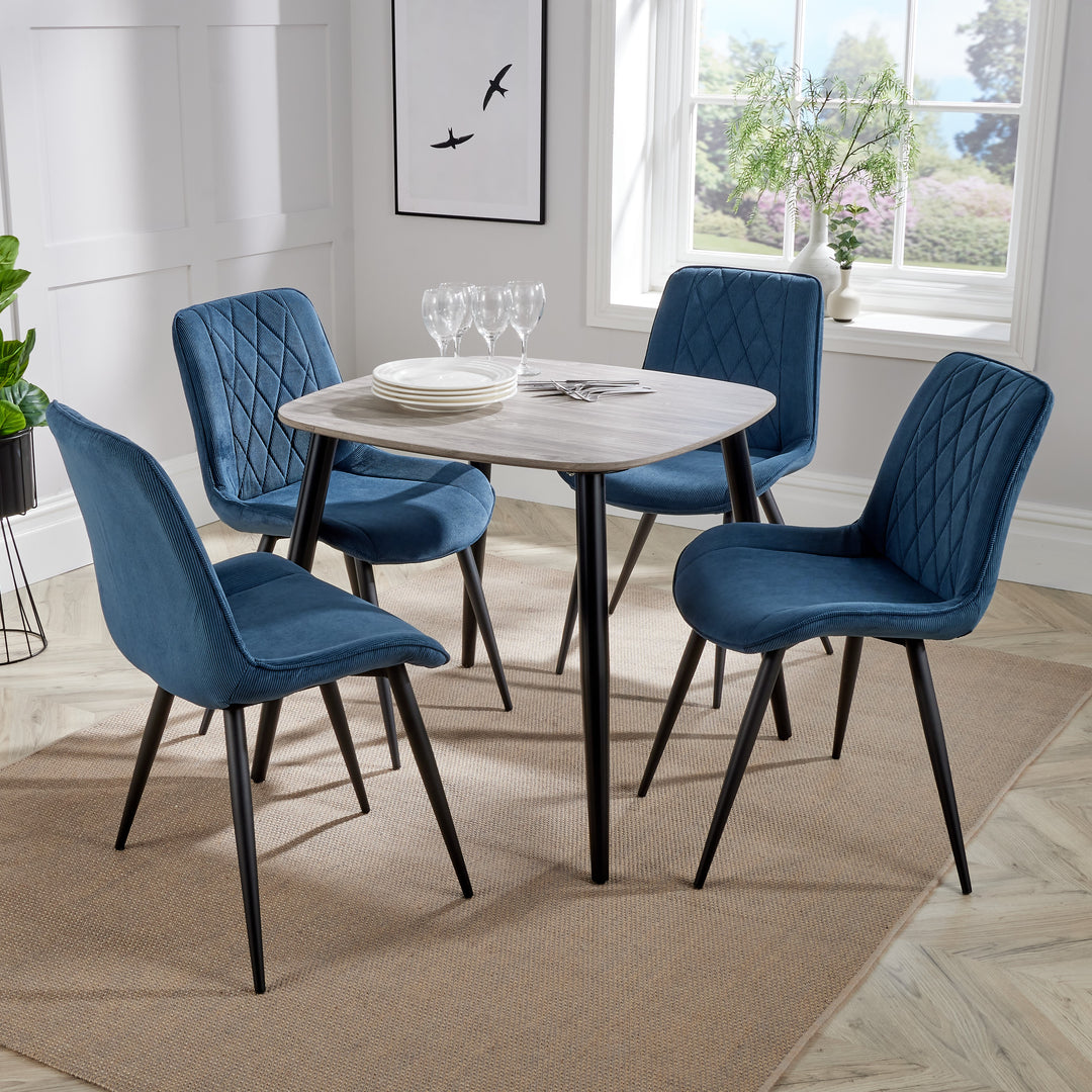 Aspen - Grey Oak Square Table & 4 Diamond Stitch Blue Cord Fabric Chairs (Self Assembly) (DHD) Image 1
