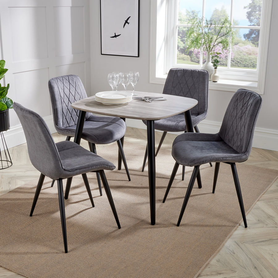 Aspen - Grey Oak Square Table & 4 Diamond Stitch Grey Fabric Chairs (Self Assembly) (DHD) Image 1