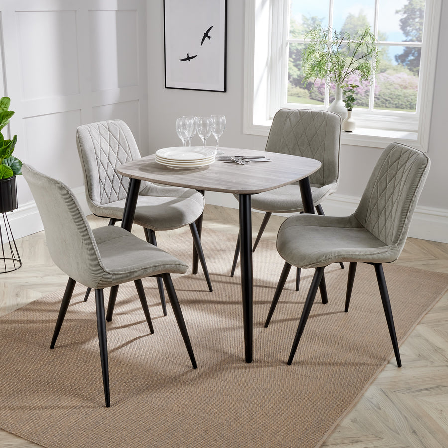 Aspen - Grey Oak Square Table & 4 Diamond Stitch Light Grey Cord Fabric Chairs (Self Assembly) (DHD) Image 1