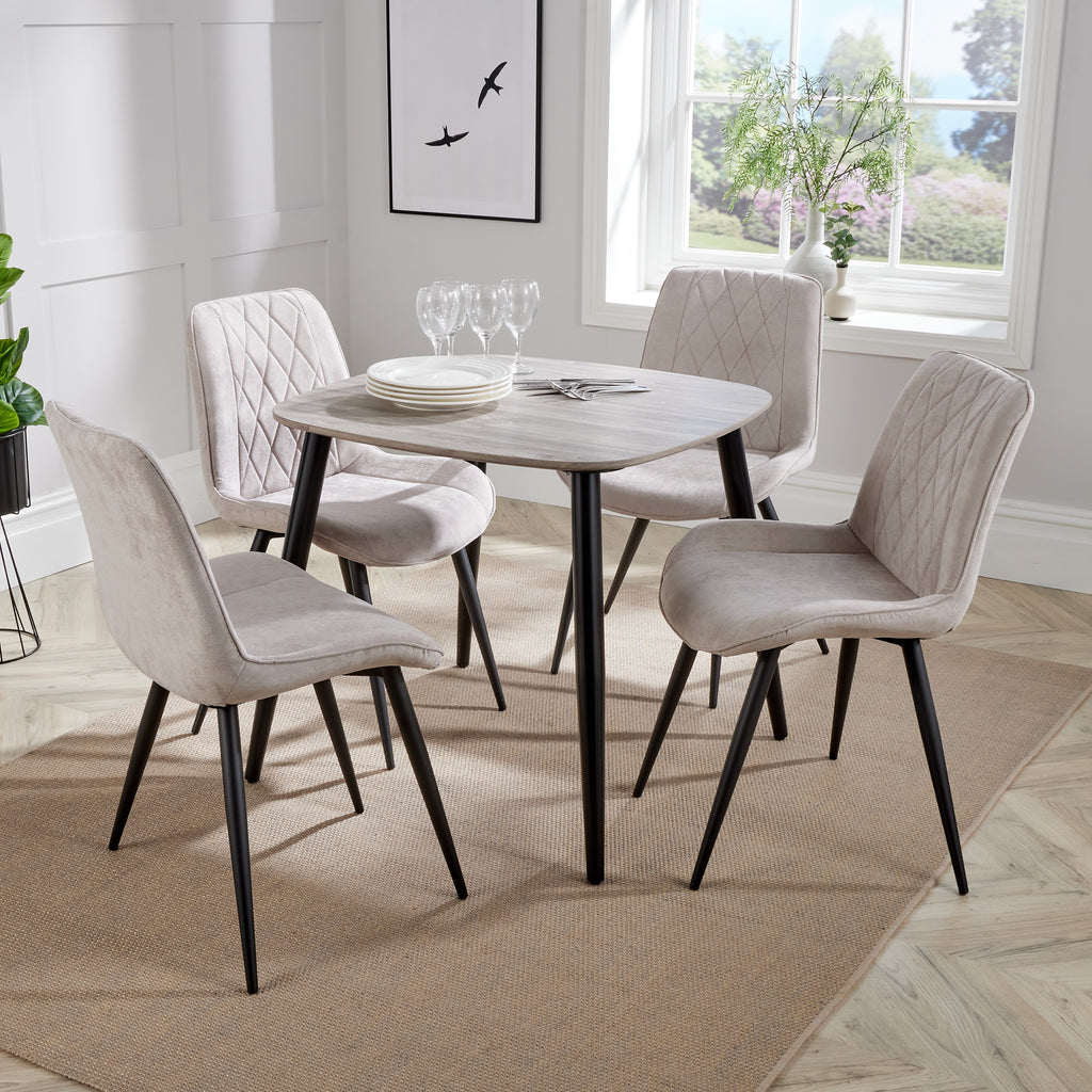 Aspen - Grey Oak Square Table & 4 Diamond Stitch Natural Fabric Chairs (Self Assembly) (DHD) Image 1