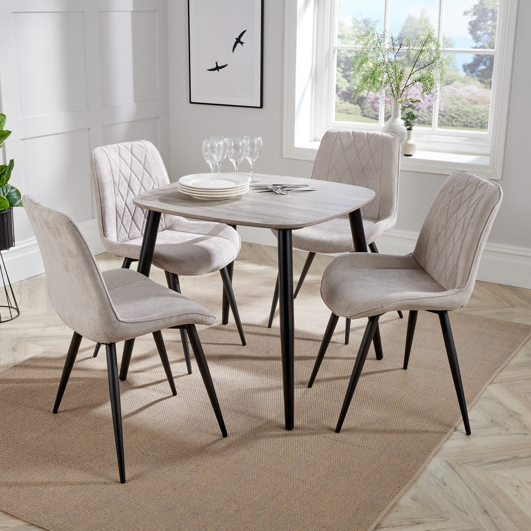 Aspen - Grey Oak Square Table & 4 Diamond Stitch Natural Fabric Chairs (Self Assembly) (DHD) Image 1