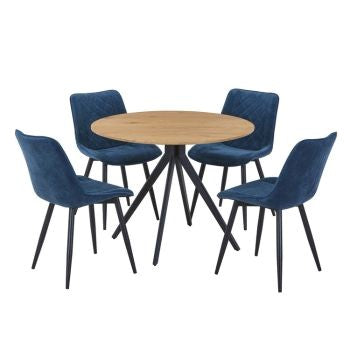 Aspen - Light Oak Round Table & 4 Diamond Stitch Blue Cord Fabric Chairs (Self Assembly) (DHD) Image 1