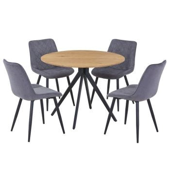 Aspen - Light Oak Round Table & 4 Diamond Stitch Grey Fabric Chairs (Self Assembly) (DHD) Image 1