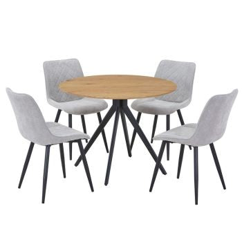 Aspen - Light Oak Round Table & 4 Diamond Stitch Light Grey Cord Fabric Chairs (Self Assembly) (DHD) Image 1