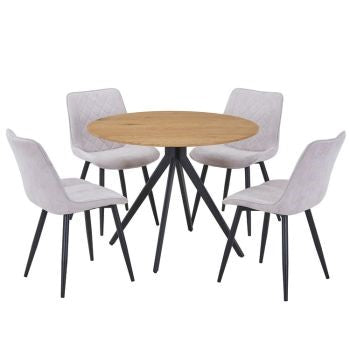 Aspen - Light Oak Round Table & 4 Diamond Stitch Natural Fabric Chairs (Self Assembly) (DHD) Image 1