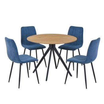 Aspen - Light Oak Round Table & 4 Straight Stitch Blue Cord Chairs (Self Assembly) (DHD) Image 1