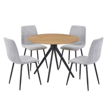 Aspen - Light Oak Round Table & 4 Straight Stitch Light Grey Cord Chairs (Self Assembly) (DHD) Image 1