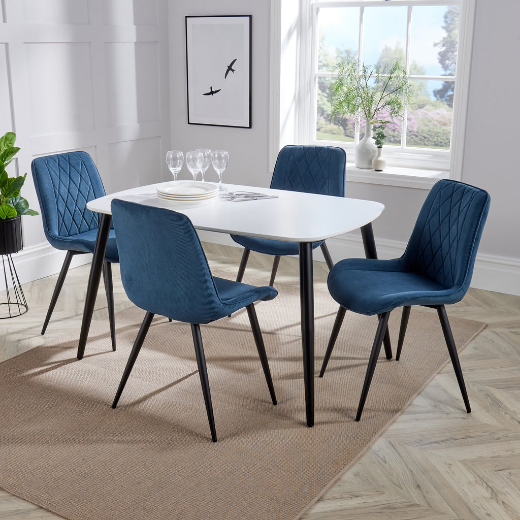 Aspen - White Rectangular Table & 4 Diamond Stitch Blue Cord Fabric Chairs (Self Assembly) (DHD) Image 1