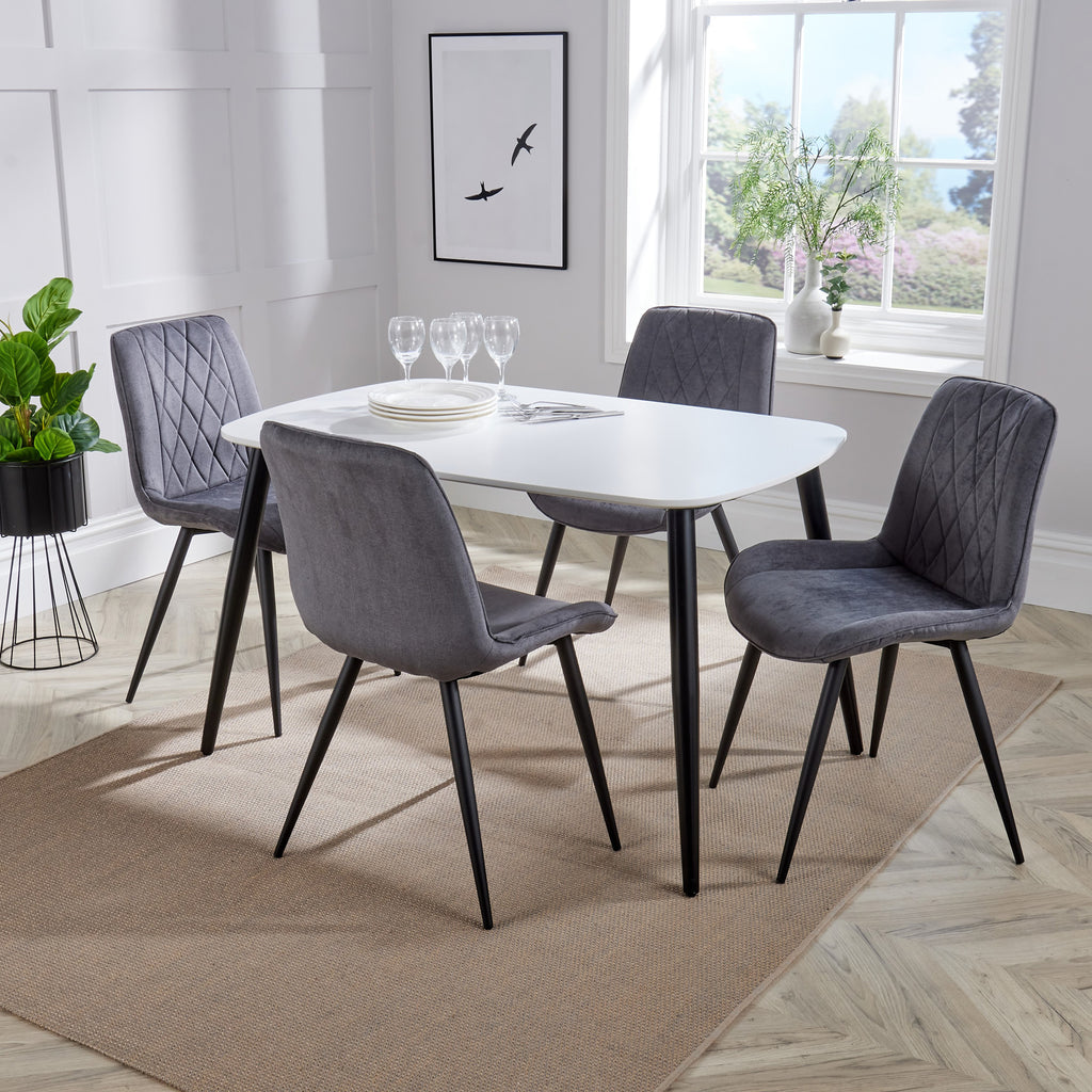 Aspen - White Rectangular Table & 4 Diamond Stitch Grey Fabric Chairs (Self Assembly) (DHD) Image 1
