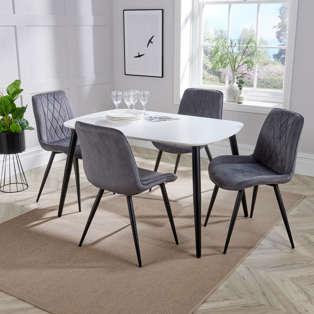 Aspen - White Rectangular Table & 4 Diamond Stitch Grey Fabric Chairs (Self Assembly) (DHD) Image 1