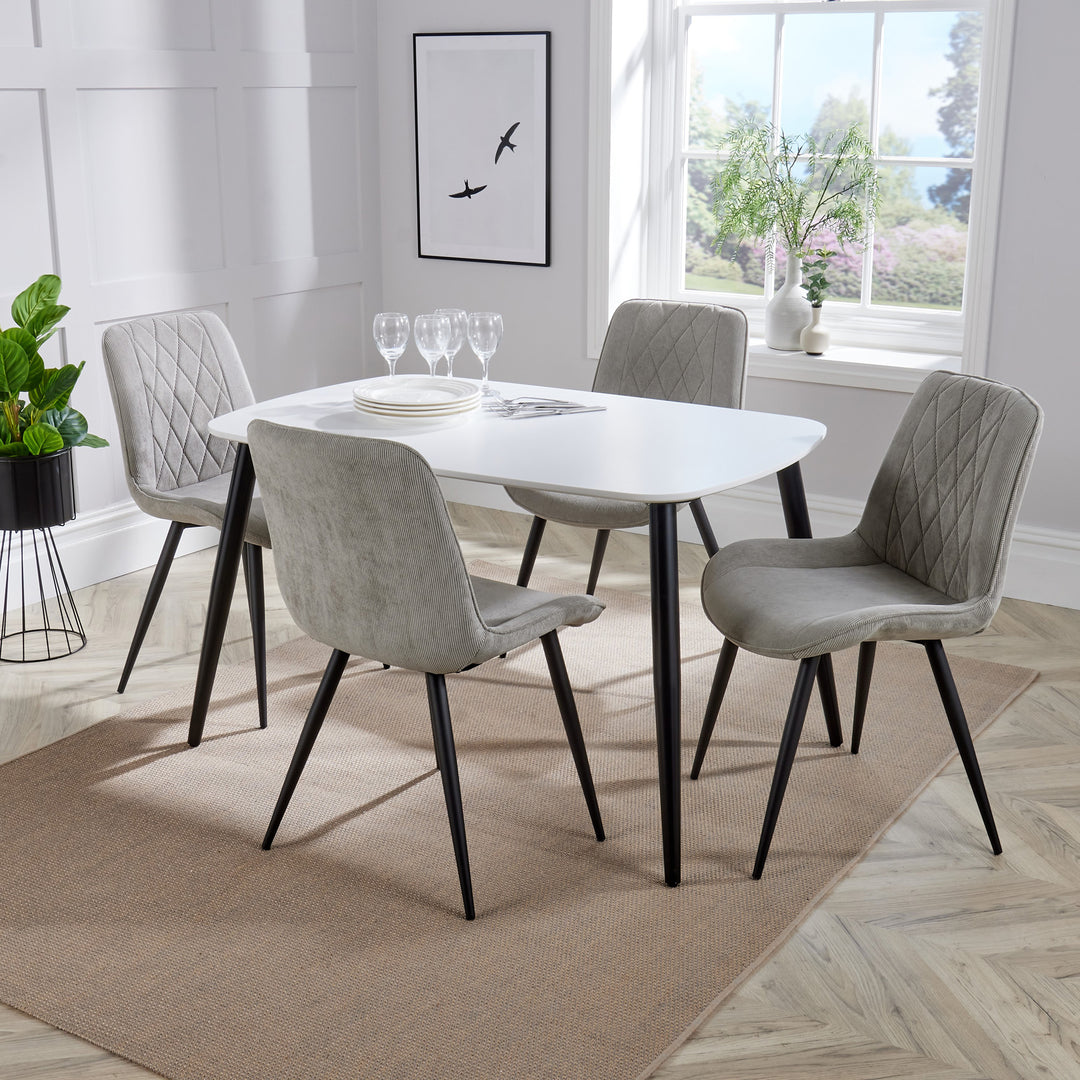 Aspen - White Rectangular Table & 4 Diamond Stitch Light Grey Cord Fabric Chairs (Self Assembly) (DHD) Image 1