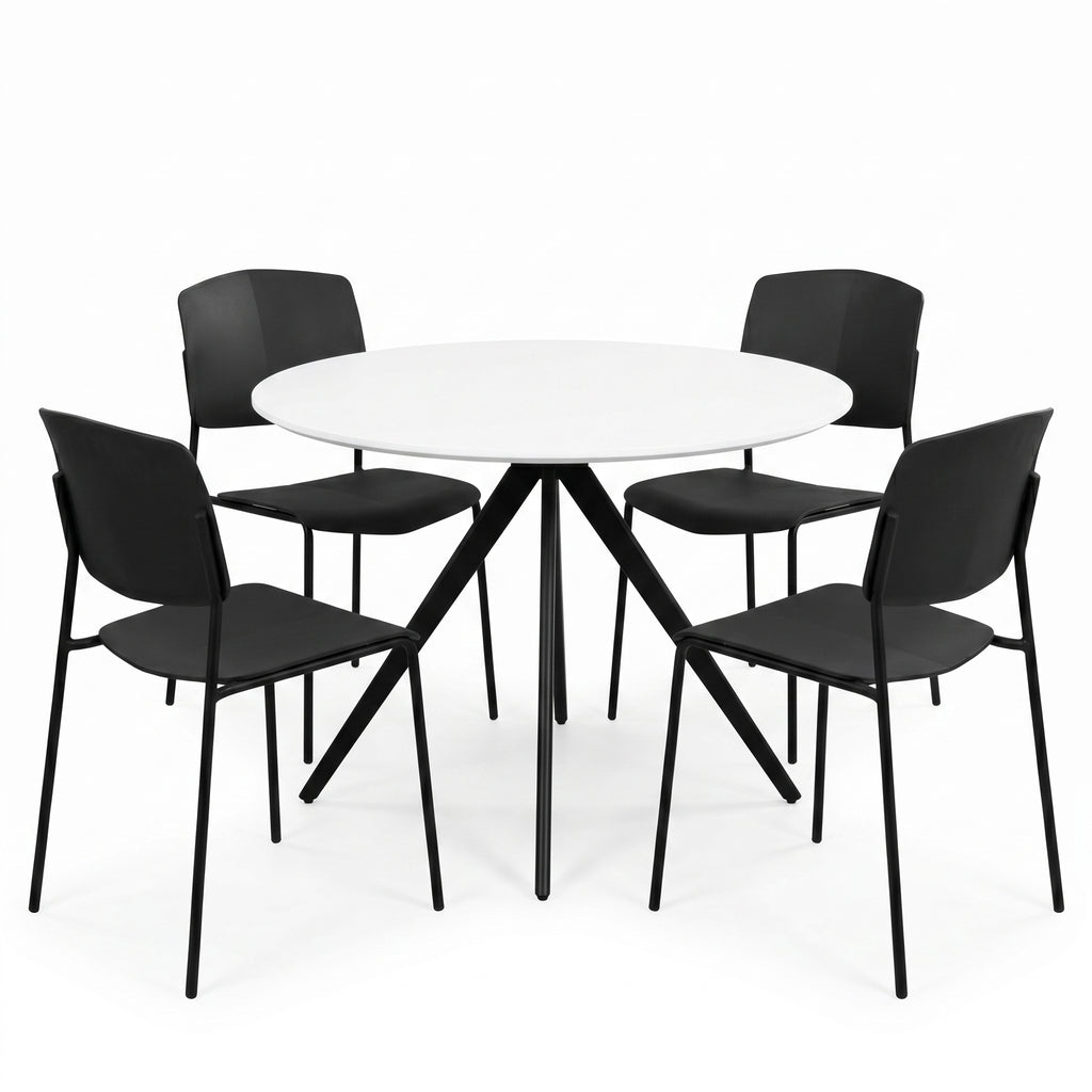 Aspen - White Round Table & 4 Academy Black Chairs (Self Assembly) (DHD) Image 1