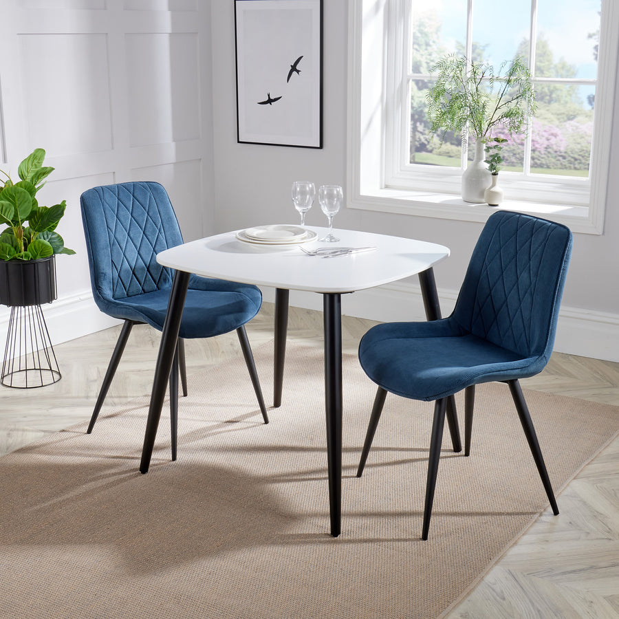 Aspen - White Square Table & 2 Diamond Stitch Blue Cord Fabric Chairs (Self Assembly) (DHD) Image 1