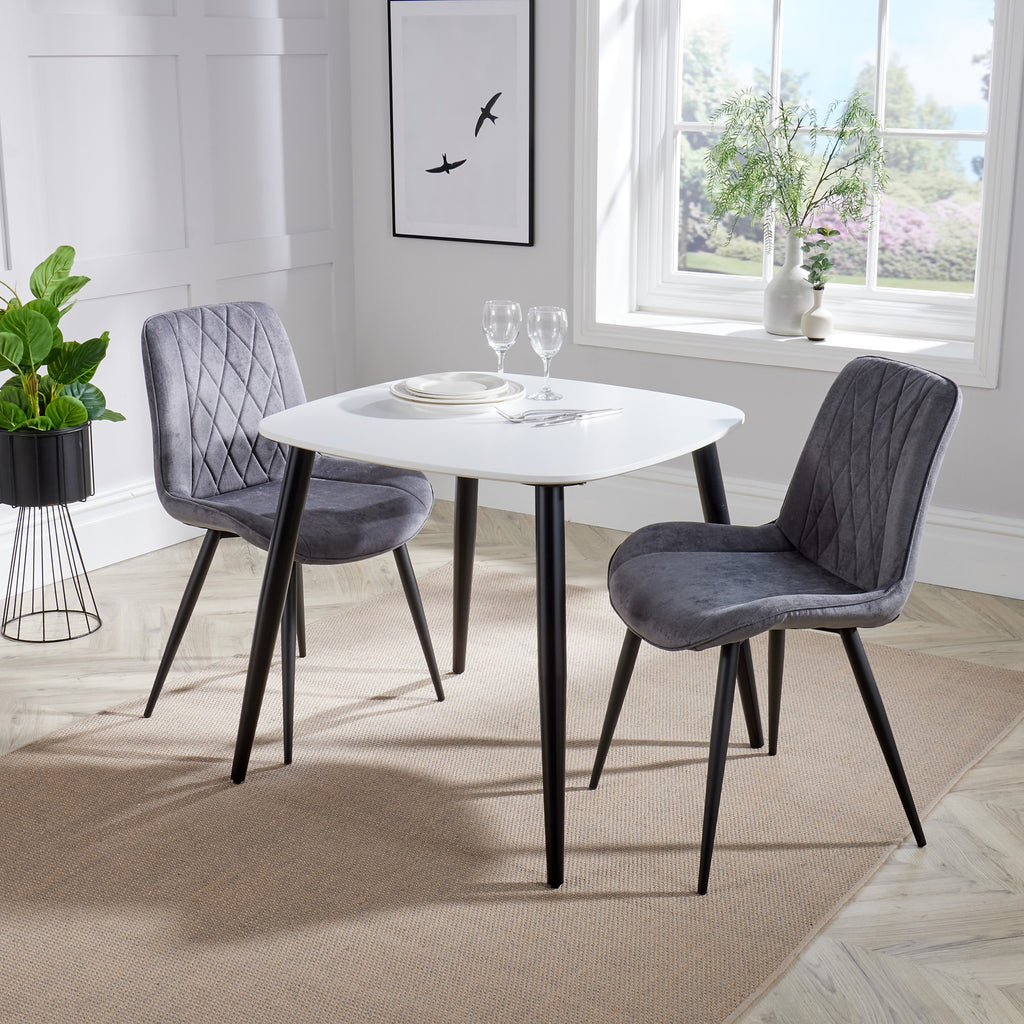 Aspen - White Square Table & 2 Diamond Stitch Grey Fabric Chairs (Self Assembly) (DHD) Image 1