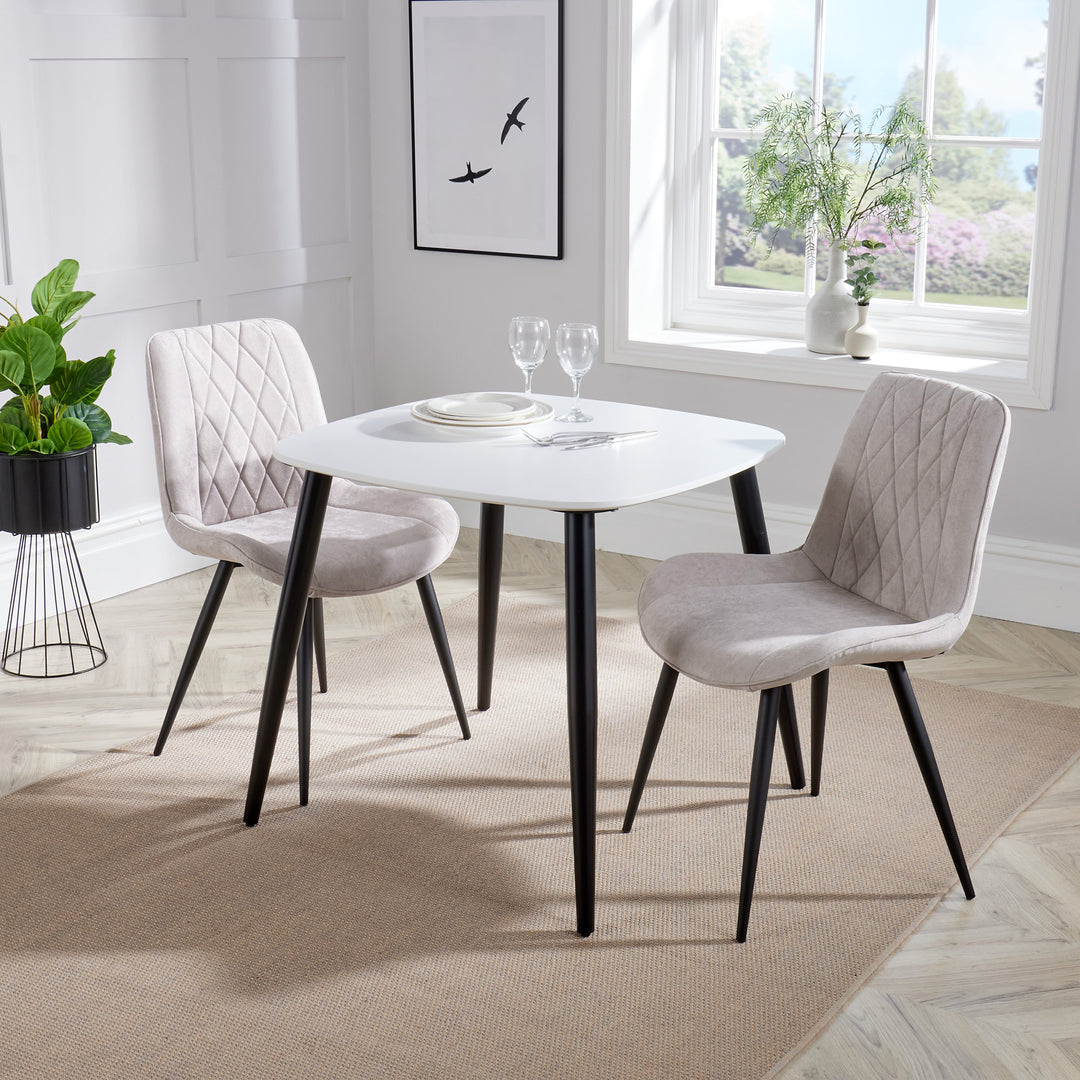 Aspen - White Square Table & 2 Diamond Stitch Light Grey Cord Fabric Chairs (Self Assembly) (DHD) Image 1