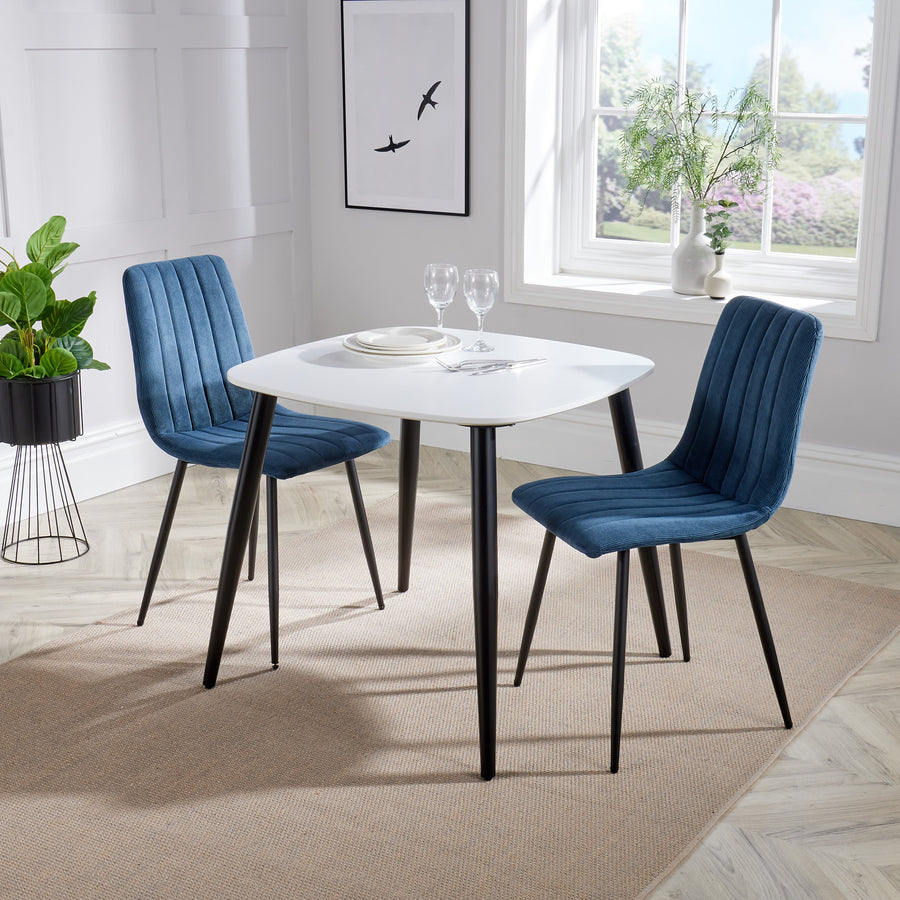 Aspen - White Square Table & 2 Straight Stitch Blue Cord Chairs (Self Assembly) (DHD) Image 1