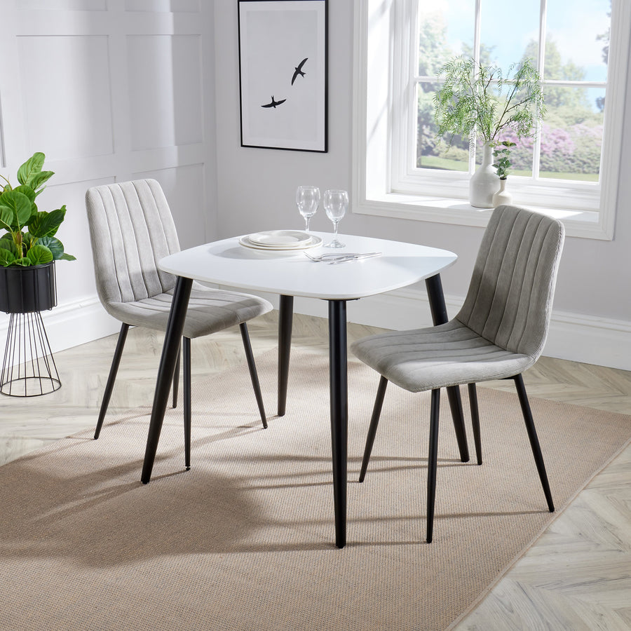 Aspen - White Square Table & 2 Straight Stitch Light Grey Cord Chairs (Self Assembly) (DHD) Image 1