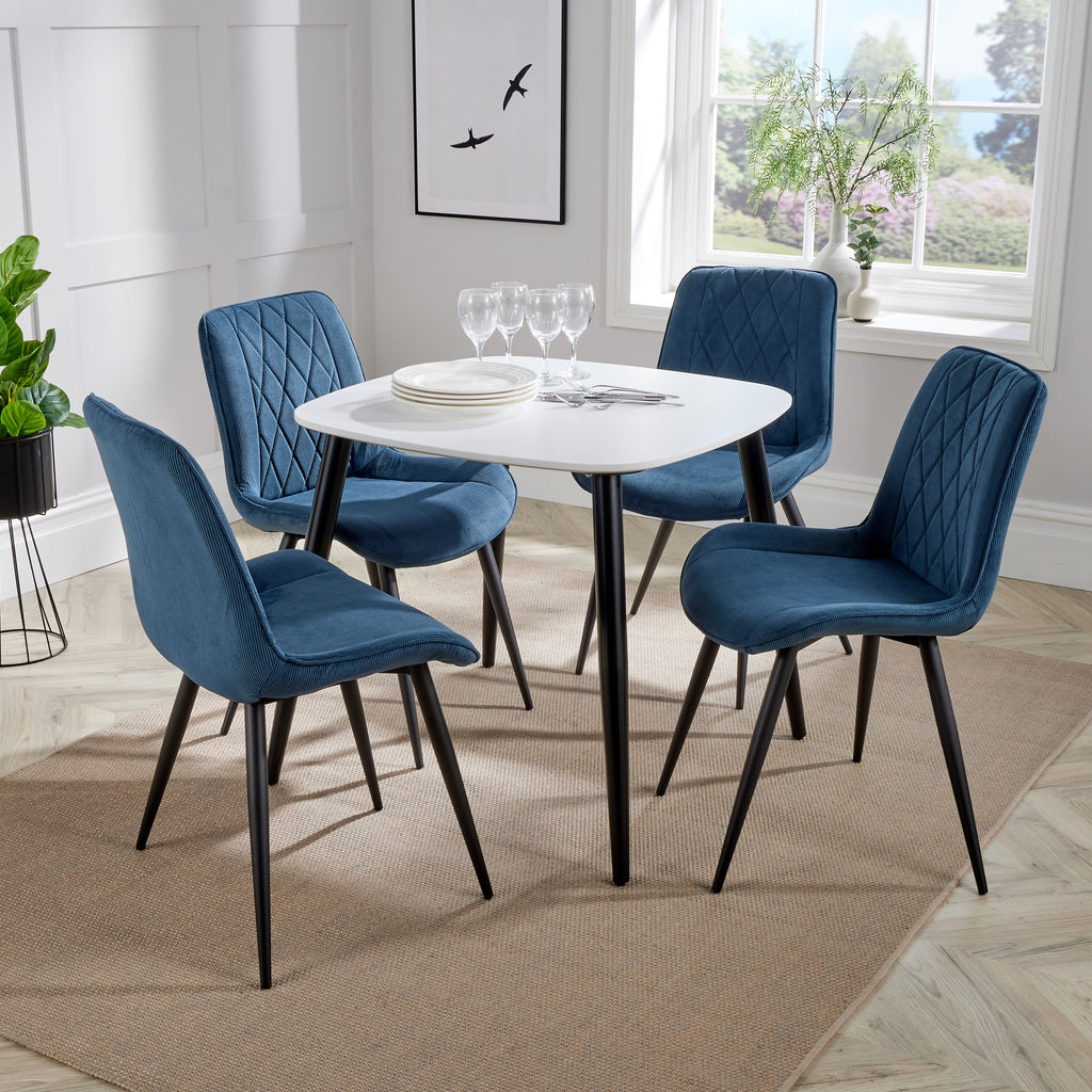 Aspen - White Square Table & 4 Diamond Stitch Blue Cord Fabric Chairs (Self Assembly) (DHD) Image 1