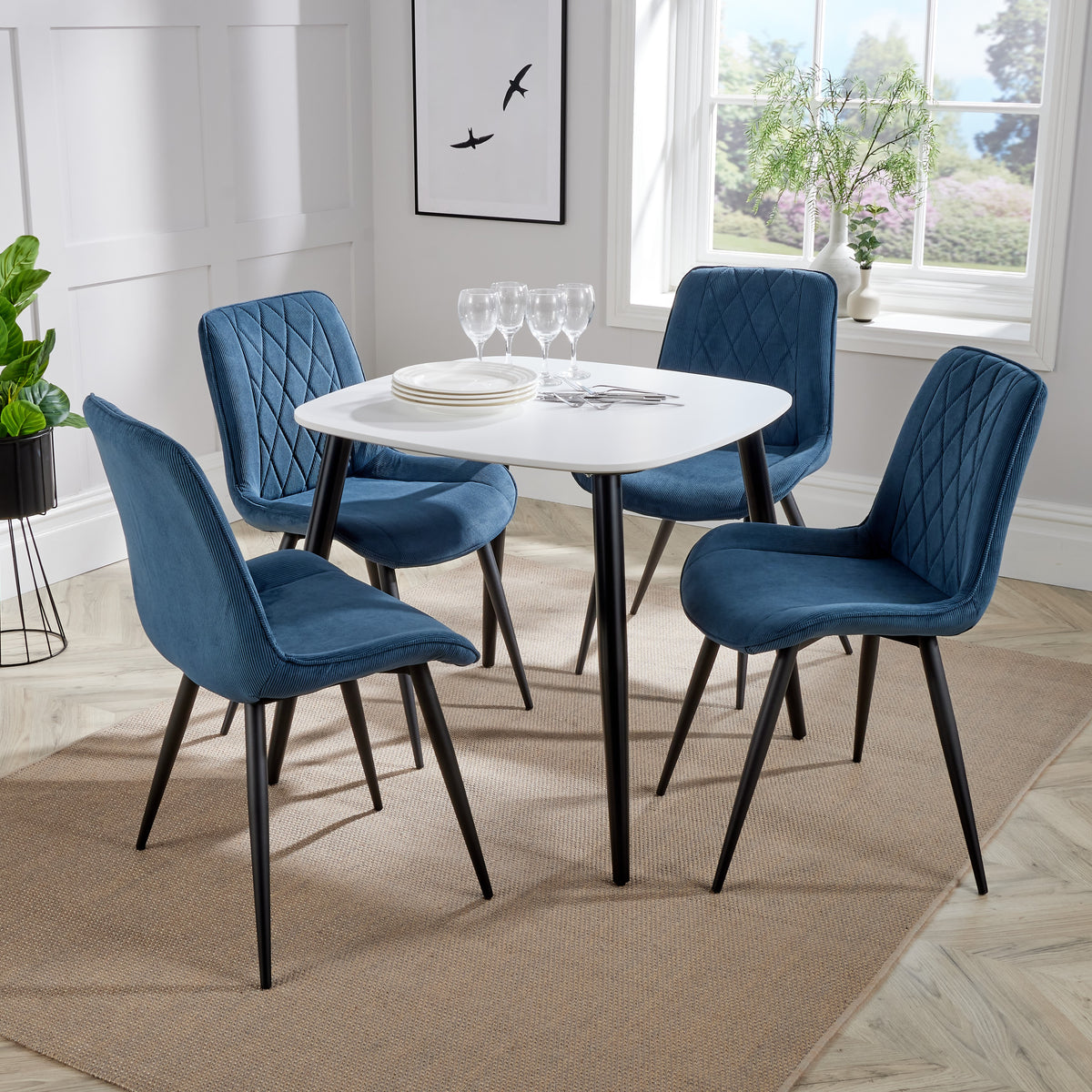 Aspen - White Square Table & 4 Diamond Stitch Blue Cord Fabric Chairs (Self Assembly) (DHD) Image 1