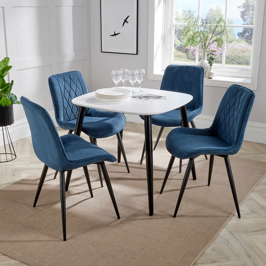 Aspen - White Square Table & 4 Diamond Stitch Blue Cord Fabric Chairs (Self Assembly) (DHD) Image 1