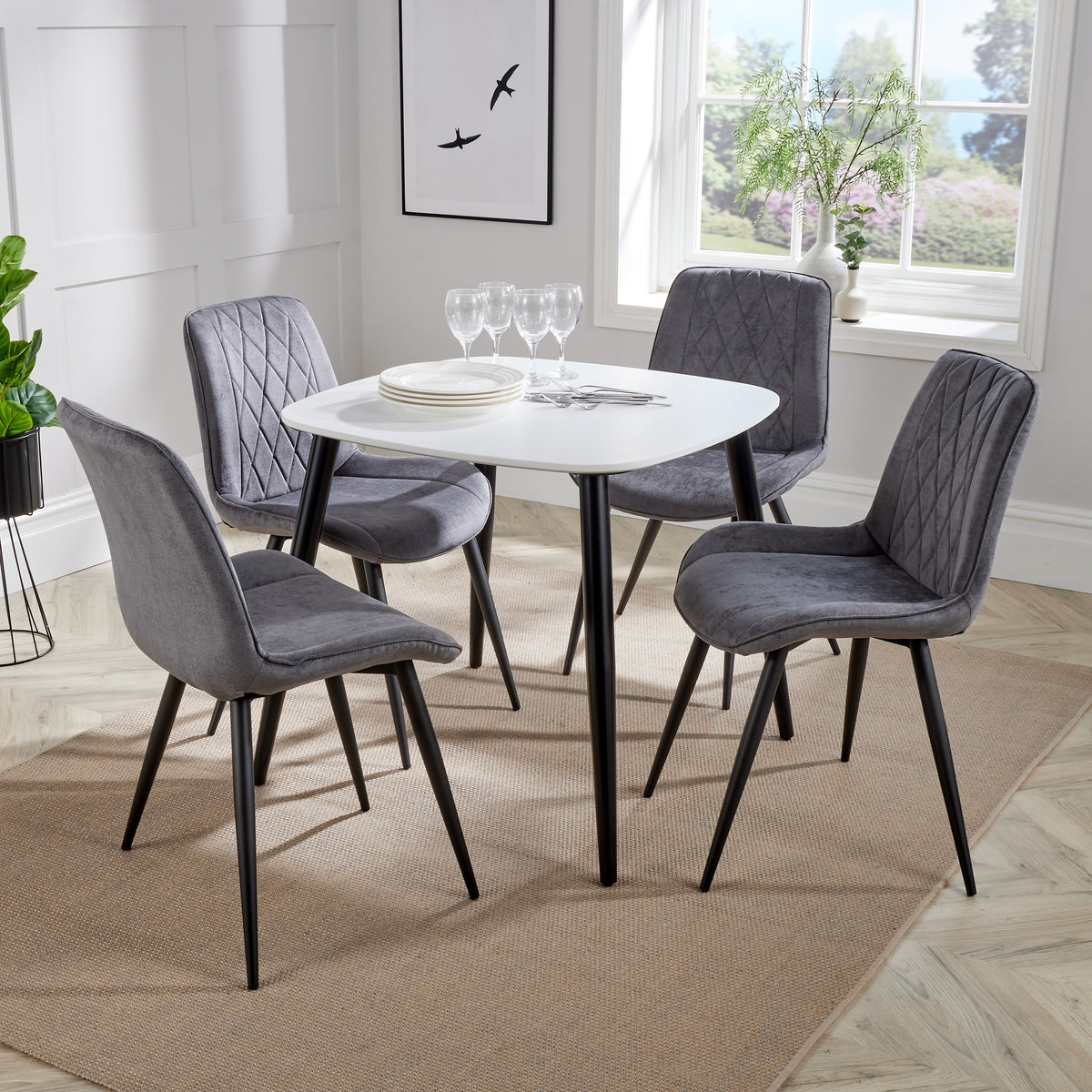 Aspen - White Square Table & 4 Diamond Stitch Grey Fabric Chairs (Self Assembly) (DHD) Image 1