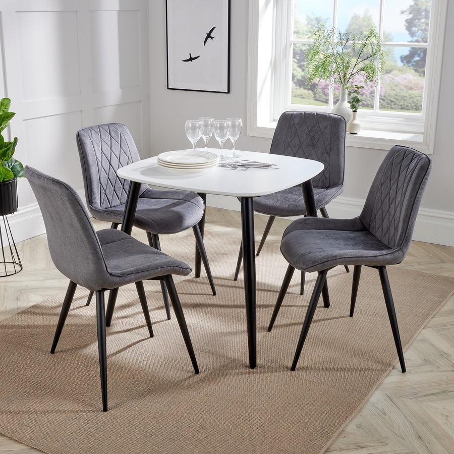 Aspen - White Square Table & 4 Diamond Stitch Grey Fabric Chairs (Self Assembly) (DHD) Image 1