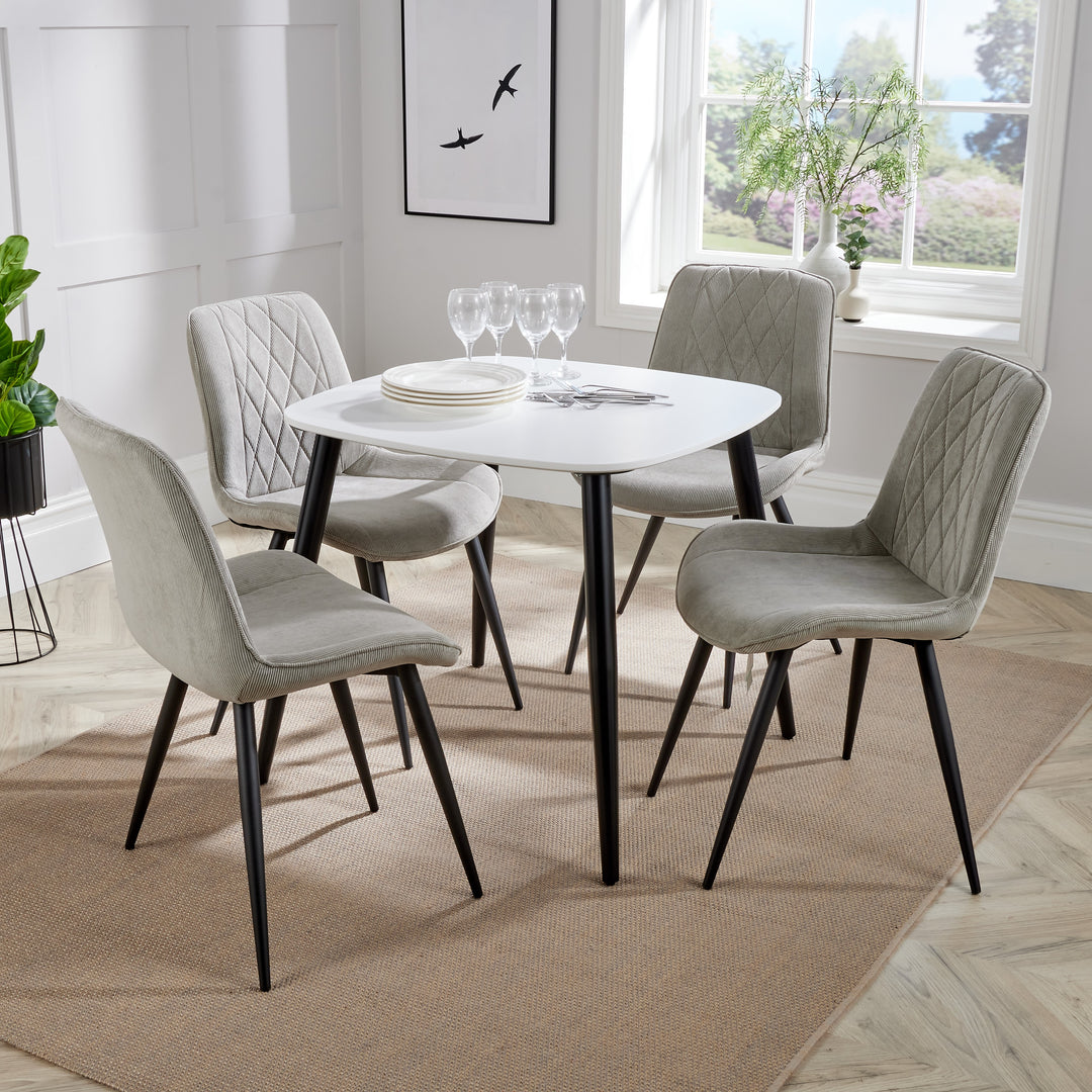 Aspen - White Square Table & 4 Diamond Stitch Light Grey Cord Fabric Chairs (Self Assembly) (DHD) Image 1
