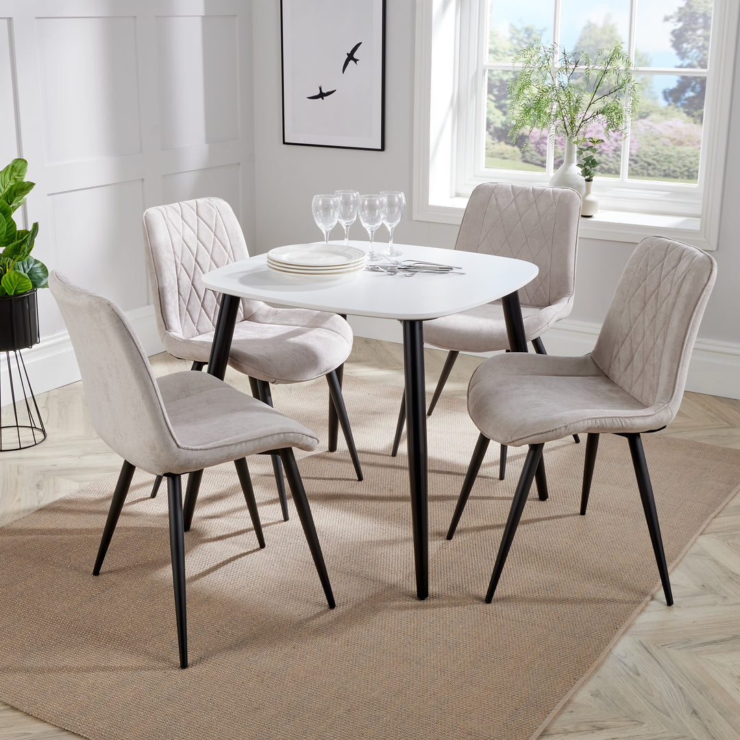 Aspen - White Square Table & 4 Diamond Stitch Natural Fabric Chairs (Self Assembly) (DHD) Image 1