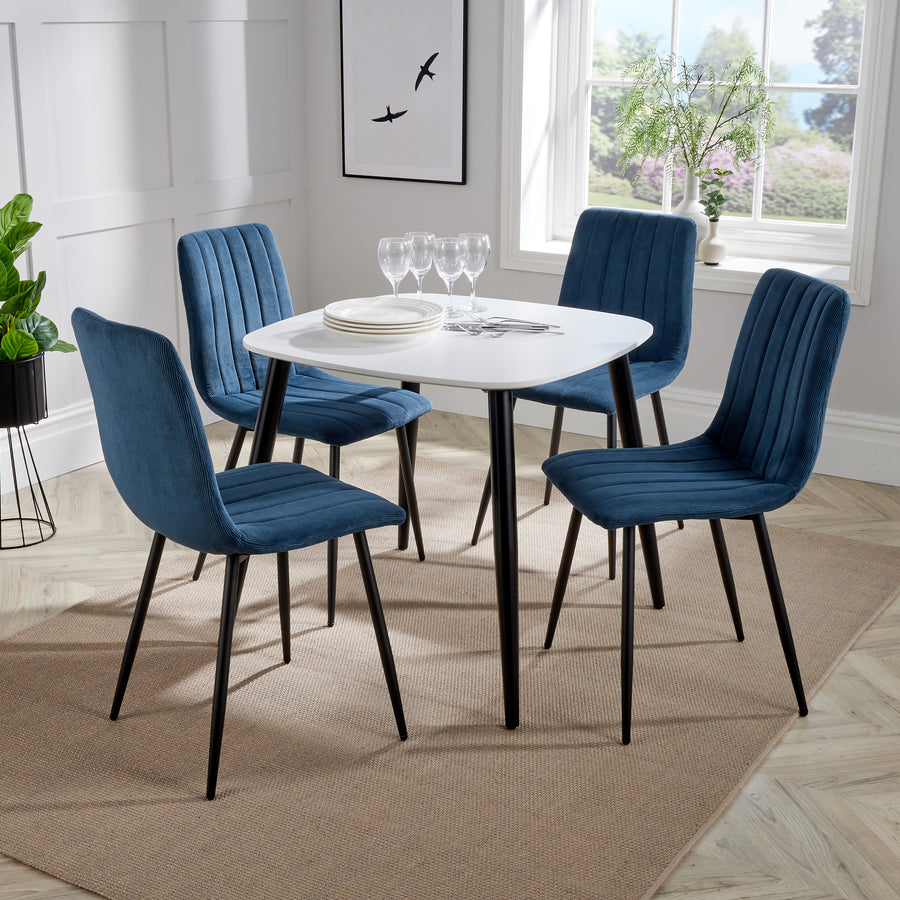 Aspen - White Square Table & 4 Straight Stitch Blue Cord Chairs (Self Assembly) (DHD) Image 1