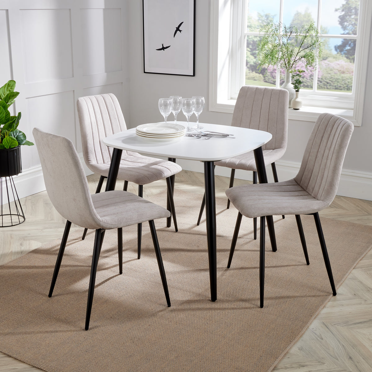 Aspen - White Square Table & 4 Straight Stitch Natural Chairs (Self Assembly) (DHD) Image 1