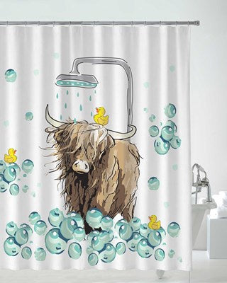 Highland Cow Embossed Design Microfibre Shower Curtains with Rings