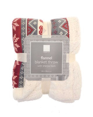 Nordic Design Flannel Blanket Throws with Sherpa Reverse 120x150cm - Red/Grey