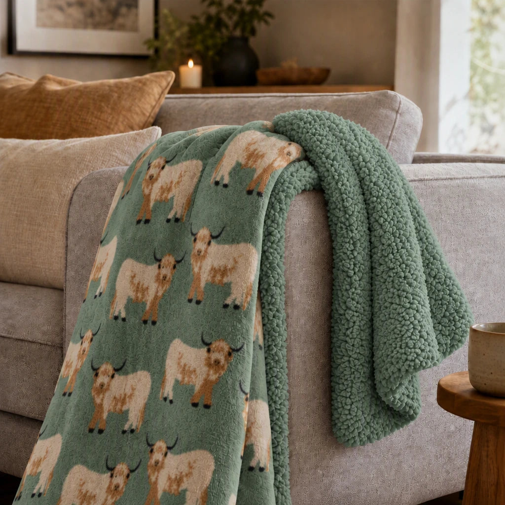Highland Cow Luxury Design Flannel Throws with Sherpa Reverse -120x150cm - Green